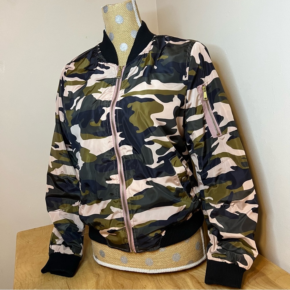 Miss London Green, Pink Camo Quilted Bomber Jacket